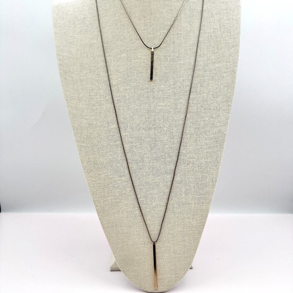 Vintage 90s Y2K Gold Tone Double Layer Bar Pendant Necklace Minimalist Geometric